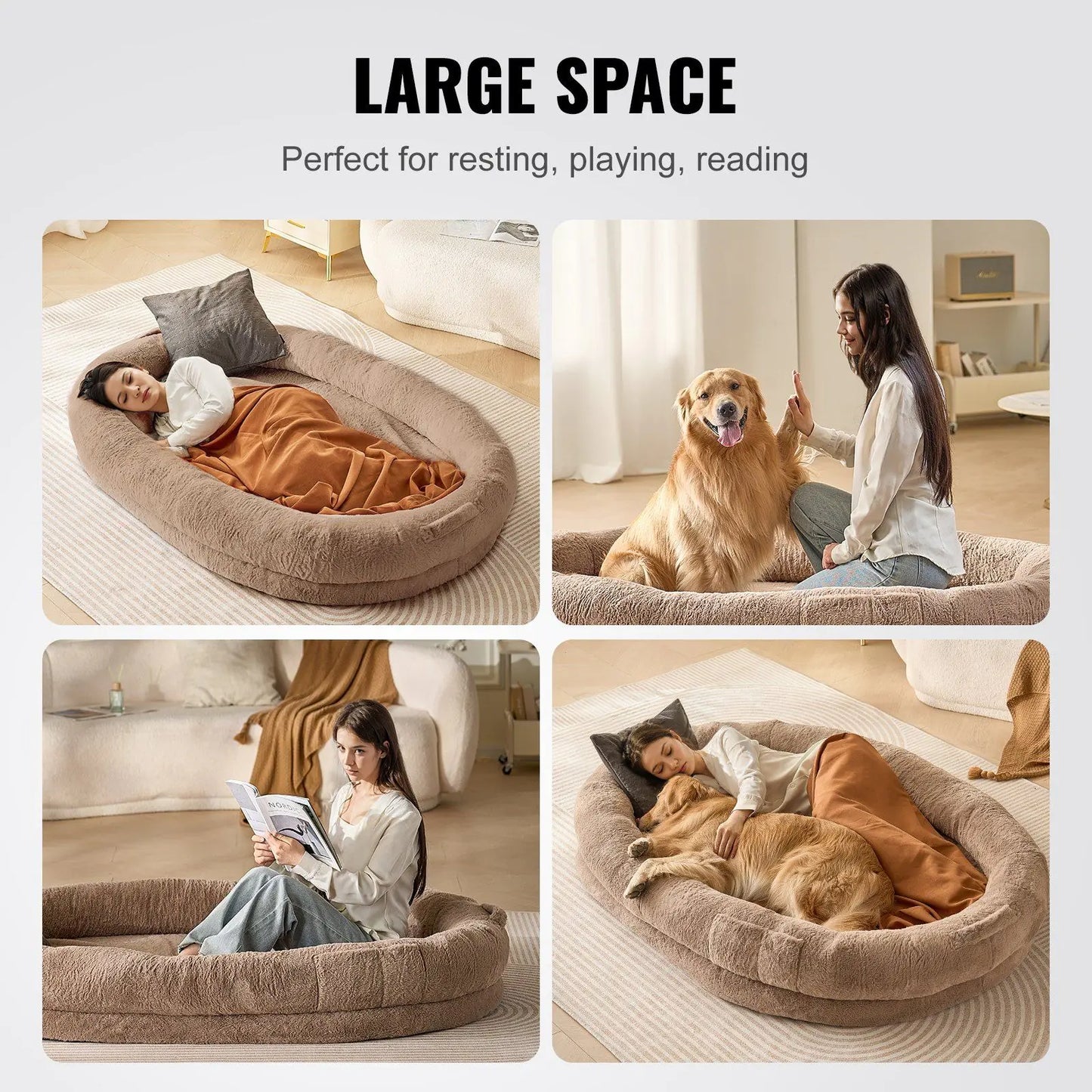 Large Human Dog Bed with Washable Faux Rabbit Fur